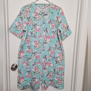 Adonna Aqua & Pink Floral Quilted Robe Zipper Short Sleeve Size M